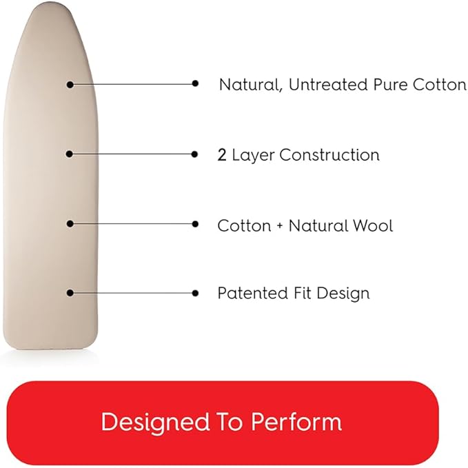 TIVIT Ironing Board Cover - Made in Italy - 18 x 54 Wide Chemical Free Eco-Friendly Padded Covers - Unbleached, Untreated Natural Cotton & Wool Pad - 2 Layer, 3 Fastener Straps, Pull Bungee Cord
