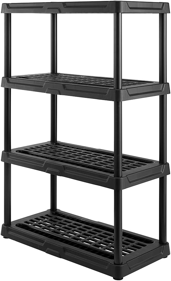 CX 4-Tier (53”H x 36”W x 18”D) Plastic Storage Shelving Unit (Black), Heavy Duty, 150lbs Per Shelf Capacity, Indoor/Outdoor Storage and Organization in Home, Garage, Office with Easy Assembly