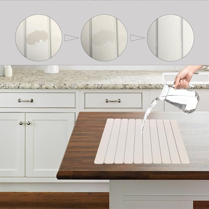 Large Stone Dish Drying Mat for Kitchen Counter, 23.6"(L)×15.4"(W), Foldable Diatomaceous Earth Dish Drying Mat, Collapsible Quick Dry Pad for Dishes Bottles Cups Bathroom Any Countertop