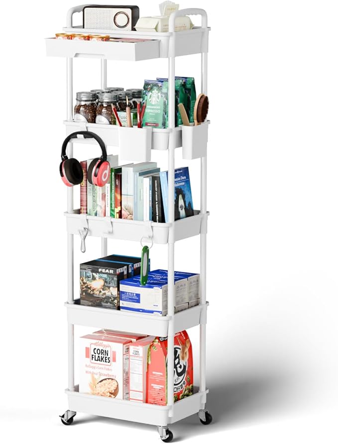 5 Tier Rolling Cart Organizer,Bathroom Cart Organizers with Wheels Laundry Room Organization Mobile Shelving Unit Utility Cart Storage Shelves Multi-Functional for Office, Home(White)