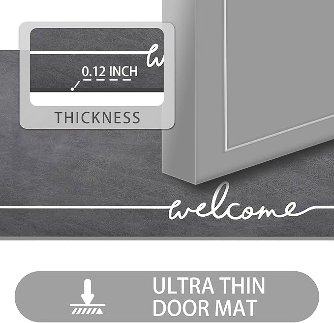 Welcome Mat Indoor, Ultra Thin Door Mat, 1/10 in Thin Door Mats for Inside Entry, Non-Slip Rubber Backing, Washable Doormat, Fade Resistant, Absorbent, Low Profile Dirt Trapper, 35"X24",Grey