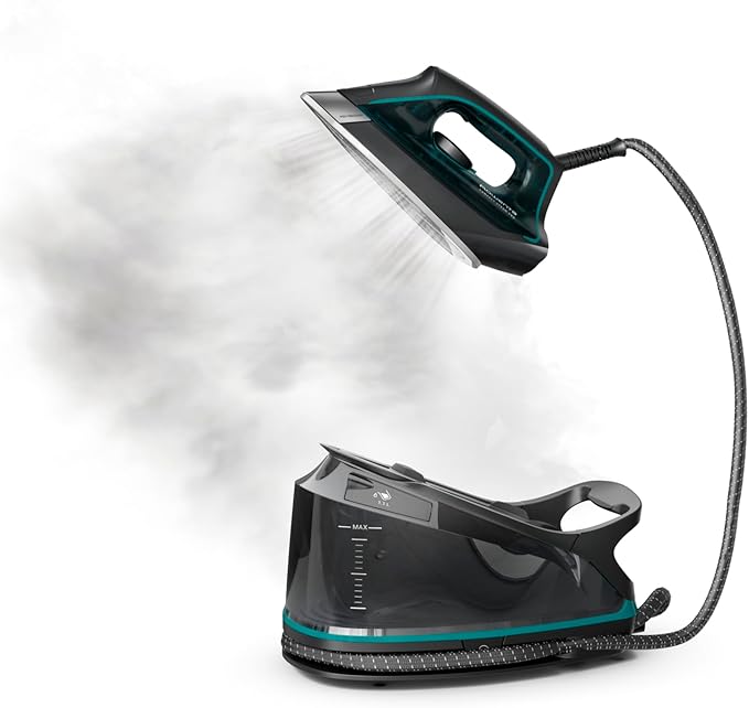 Rowenta Iron for Clothes, High Pressure Steamer Iron with Boiler System, 400 Steam Holes, Vertical Steaming, 37oz Tank, Stainless Steel Soleplate, Auto-Off 1800 watts, Black Green, DG7626