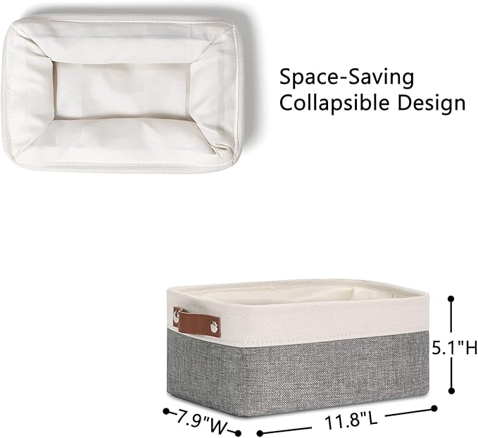 DULLEMELO Small Storage Baskets 6 Pack, Fabric Collapsible Gift Storage Baskets for Shelves, Closets, Nursery, Home, Office Organizing,Small Canvas Linen Rectangular Storage Bins (6-Pack, White&Grey)
