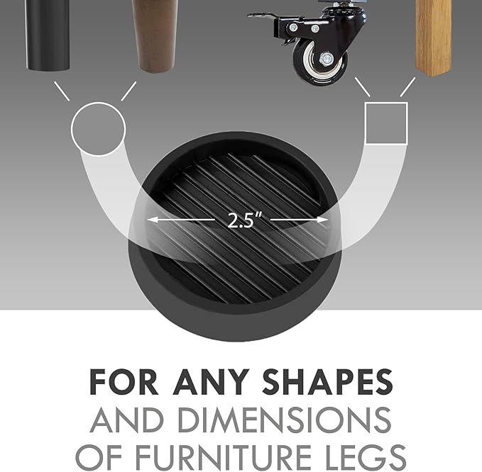 Non Slip Furniture Pads, 2.5” Round Rubber Caster Cups, 4 Pcs Furniture Coasters, Anti-Slip Gripper, Anti Slide Furnitures Feet Floor Protectors for Bed Couch Stoppers - Black
