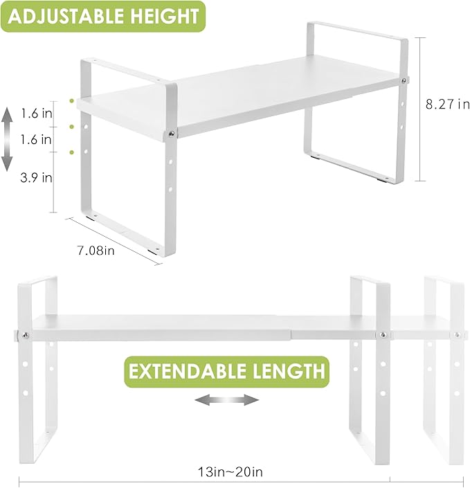 Expandable Cabinet Shelf Organizer Rack, Stackable Kitchen Counter Storage Shelves Stand, Adjustable Height Pantry Shelf Spice Rack (White, 1 Pack)