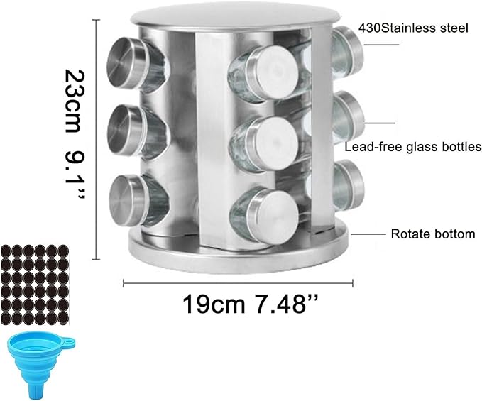 Spice Rack, Spice Rack Organizers for Countertop, Rotating Countertop Spice Rack, Revolving Spice Rack for Kitchen, Kitchen Gadgets, Organizer Rack with Spice Jars (Silver, RoundHead_12Jars)