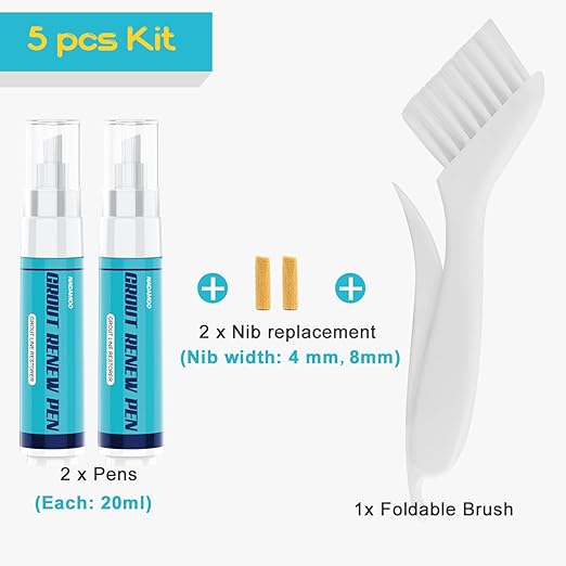 NADAMOO Grout Renew Pen White, 2 Large 20ml Paint Pens, Touch Up Repair Marker for Tile Gap Coating - Restore Grout Line, With 2 Replacement Nibs and 1 Cleaning Brush
