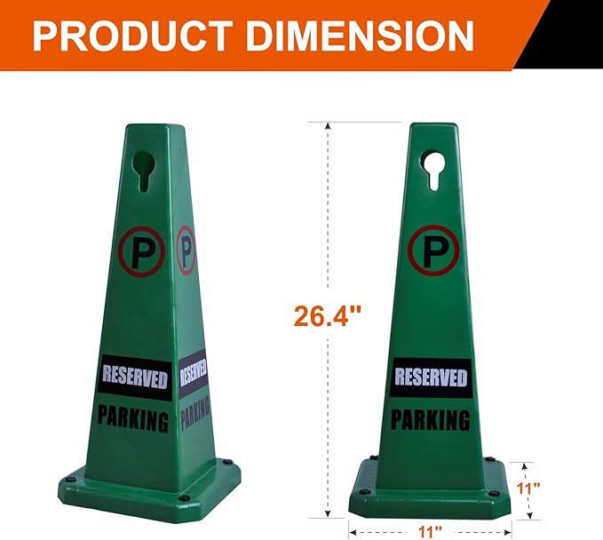 8-Pack 26.5" Caution Cones, 4-Sided Visible Safety Signs with Heavy Rubber Base, Warning for Slip & Fall Prevention, Indoor/Outdoor Use (Green, 8Pcs-Reserved Parking)