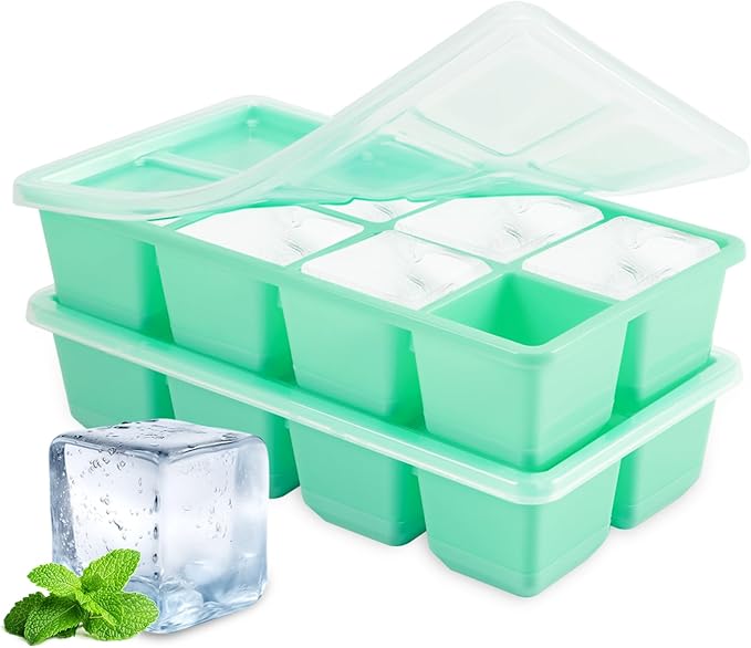 Large Ice Cube Trays, JRISBO 2 Pack Reusable Silicone Ice Cube Molds with Lid for Freezer, Easy Release 16 Big Square Ice Trays for Whisky Cocktails