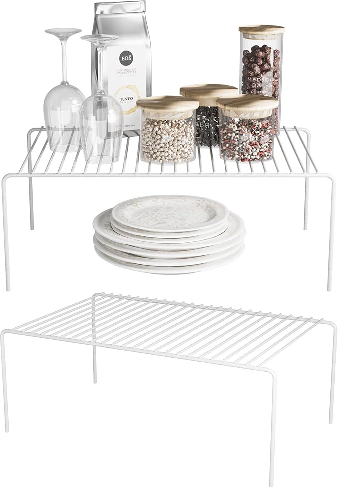 Medium(13 x 9.4 inch)White Cabinet Storage Shelf Rack Set of 2, Rustproof Metal Wire Kitchen Counter Organizers and Storage, Spice Organization for Cabinet, Plate, Dish, Pantry, Bathroom, Fridge