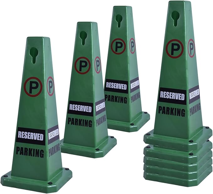 8-Pack 26.5" Caution Cones, 4-Sided Visible Safety Signs with Heavy Rubber Base, Warning for Slip & Fall Prevention, Indoor/Outdoor Use (Green, 8Pcs-Reserved Parking)