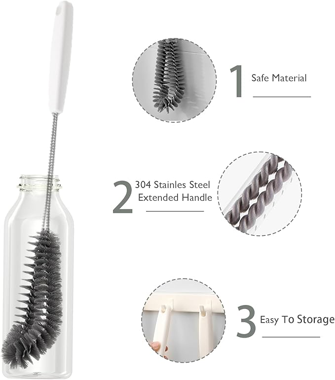 2-Pack 16 inches Long Handle Bottle Cleaning Brushes - Ideal for Coffee Glasses, Pots, Milk Cups, Mugs, Wine Bottles, and Baby Bottles (Black)