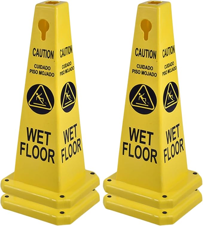 4-Pack 26.5" Caution Cones, 4-Sided Visible Safety Signs with Heavy Rubber Base, Warning for Slip & Fall Prevention, Indoor/Outdoor Use (Yellow, 4Pcs-Caution Wet Floor)