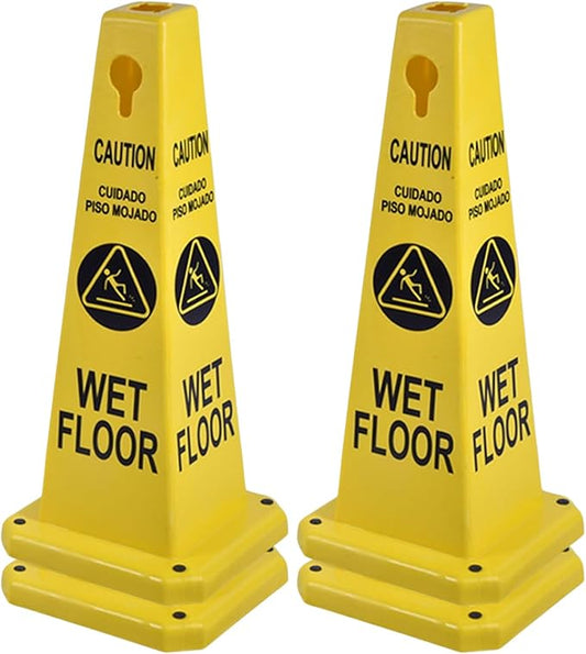 4-Pack 26.5" Caution Cones, 4-Sided Visible Safety Signs with Heavy Rubber Base, Warning for Slip & Fall Prevention, Indoor/Outdoor Use (Yellow, 4Pcs-Caution Wet Floor)