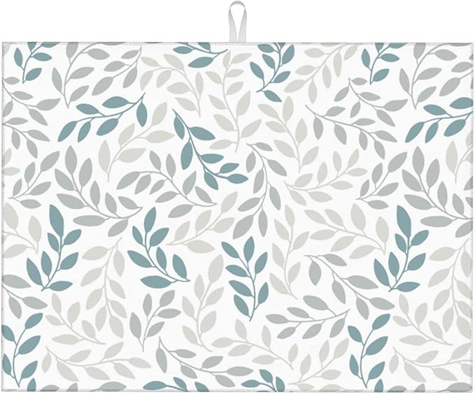 Grey And Blue Leaves Branches Microfiber Absorbent Reversible Dish Drying Mat For Kitchen Counter Xl Large Pad 18 X 24 Inch