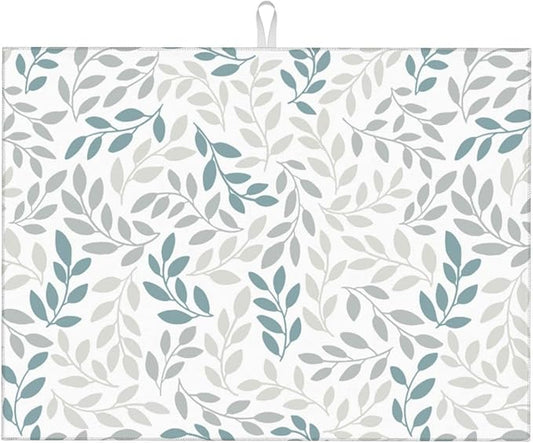Grey And Blue Leaves Branches Microfiber Absorbent Reversible Dish Drying Mat For Kitchen Counter Xl Large Pad 18 X 24 Inch