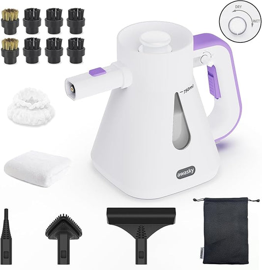 Steam Cleaner Handheld: 1200W Fast 10-Sec Heat-Up-750mL (25oz) Tank-No Cooling-Refill Anytime-Lockable Steam Trigger-14-Piece Kit Hand Held Steamer for Home Car Grout Tile Cleaning White