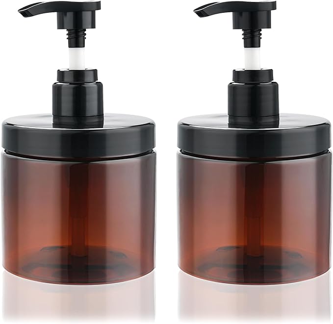 Cosywell Pump Bottle Dispenser Shampoo and Conditioner Dispenser 2 Pack 16.9oz/500ml Wide Mouth Hand Soap Dispenser Refillable Plastic Empty Liquid Container for Lotion Body Wash(Brown)
