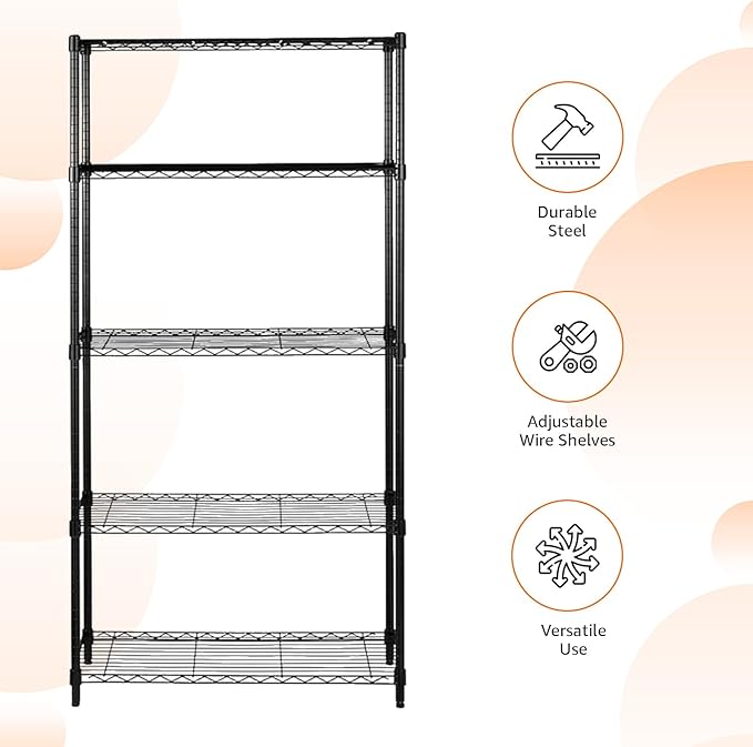 Amazon Basics 5-Shelf Adjustable Heavy Duty Steel Wire Rack Storage Shelving Organizer for Kitchen, Garage, 36" L x 14" W x 72" H, Black
