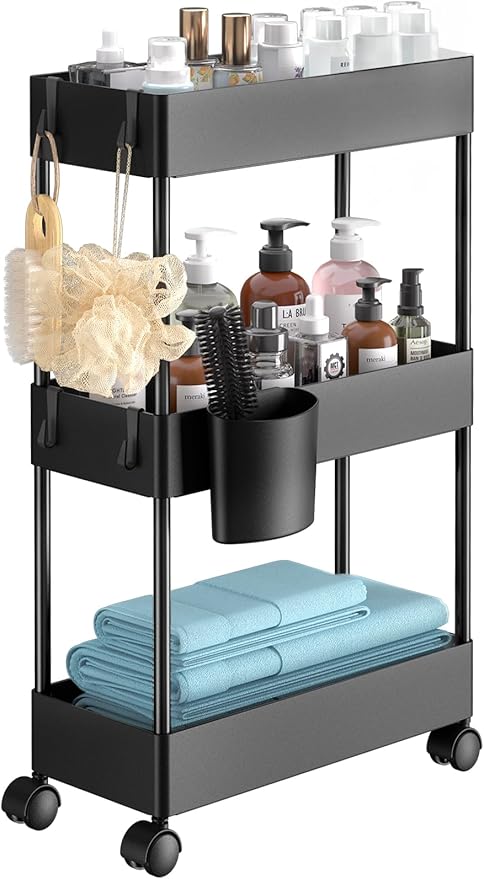 Pipishell Slim Storage Cart with Wheels - 3 Tier Bathroom Organizers and Storage Cart - Rolling Carts for Bathroom, Kitchen, Narrow Space, Laundry Room,Black
