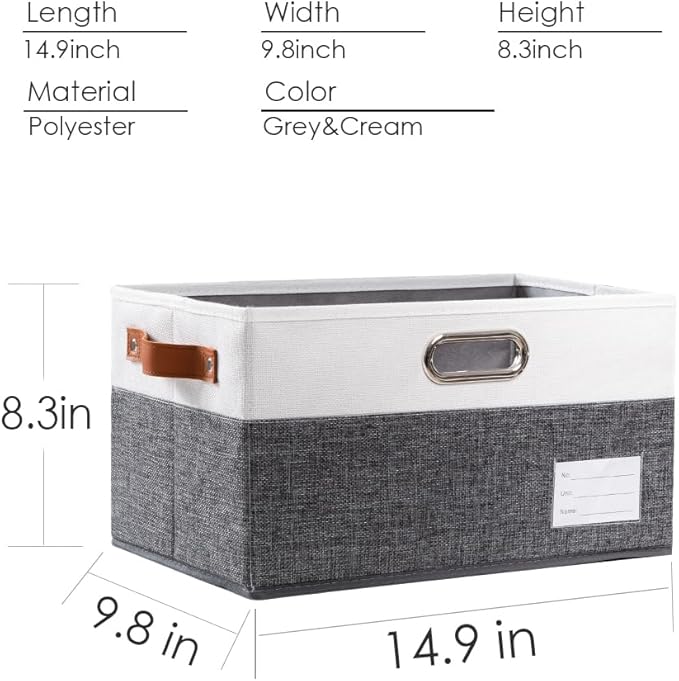 PRANDOM Foldable Storage Bins with Handles [3-Pack] Fabric Collapsible Storage Boxes Baskets Cubes Containers with Handles for Closet Living Room Bedroom (Grey & White 14.9x9.8x8.3'')