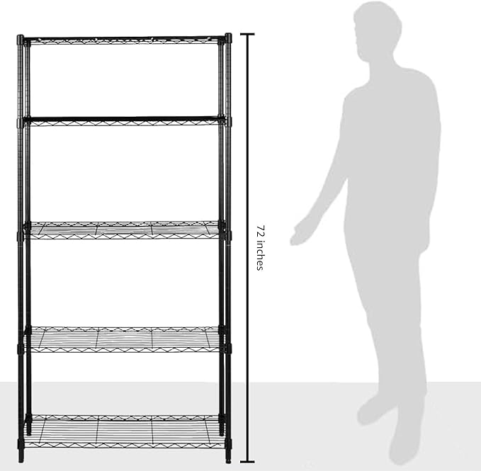 Amazon Basics 5-Shelf Adjustable Heavy Duty Steel Wire Rack Storage Shelving Organizer for Kitchen, Garage, 36" L x 14" W x 72" H, Black