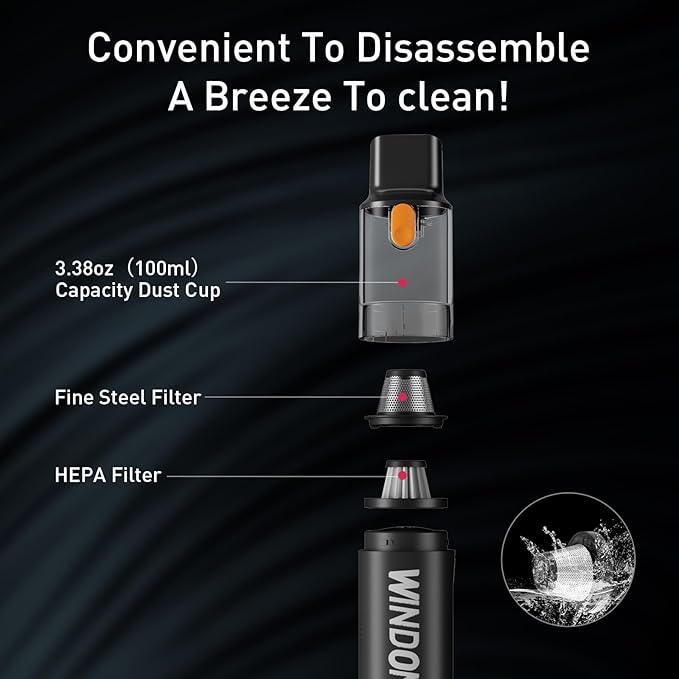 Windone Car Vacuum, 12000Pa 2-in-1 Cleaner & Tire Inflator 150PSI, 60W Brushless Motor, Cordless Handheld Vacuum & Air Pump with Pressure Gauge, LED Light, Multi-Nozzles for Car, Home, Office