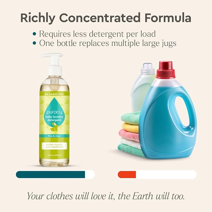 Puracy Liquid Baby Laundry Detergent - 1,4 Dioxane Free, Natural, Scent-Free Gentle Laundry Detergent Liquid Concentrate Laundry Pouch with Stain Fighting Enzymes (Baby- Free & Clear, 16oz)