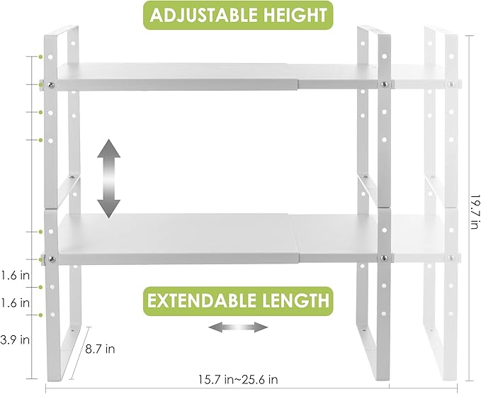 Expandable Cabinet Shelf Organizer Rack, Stackable Kitchen Counter Storage Shelves Stand, Adjustable Height Pantry Shelf Spice Rack (White, 2 Pack)