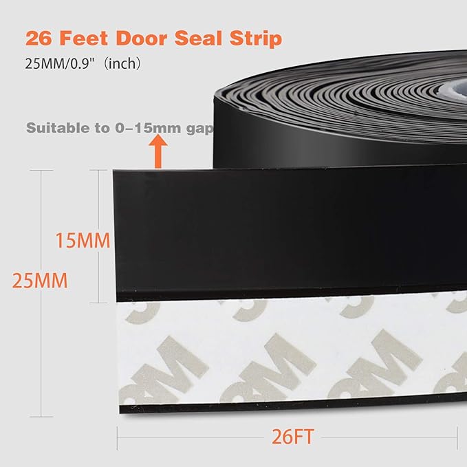 26 Feet Silicone Seal Strip, Weather Stripping Seal Tape for Door, Window & Shower Glass Gaps (Black, 35MM)