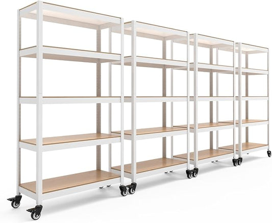 HOMEDANT House White 5-Tier Metal Rolling Cart Shelf Rack Casters Heavy Duty Wheel Shelving Unit Adjustable Utility Storage Shelves Organizer Shelf Kitchen Garage 36.2" W x 16.5" D x 69.5" H 4Pack