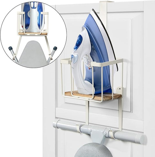 TJ.MOREE Over The Door/Wall Mount Ironing Board Hanger, Laundry Room Iron and Ironing Board Storage Holder, White