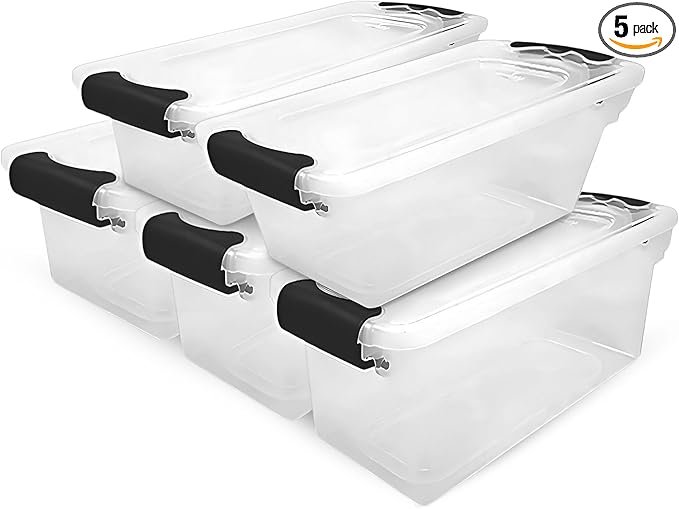 HOMZ 5-Pack Latching Lid, Clear Plastic Storage Organizer Bins, 7.5 Quart, Gray Latch - Stackable Organizing Containers for Home, Garage, and Office
