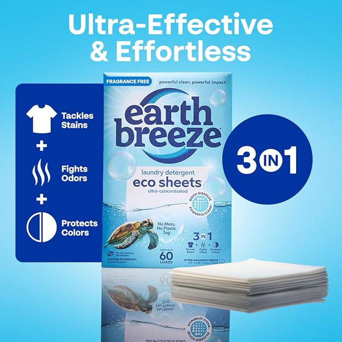 Earth Breeze Laundry Detergent Sheets Fragrance-Free - 60 Loads Eco Liquidless Soap - Travel-Friendly for Hot & Cold Cycles, Tackles Tough Stains & Odors - Gentle on Sensitive Skin, 30 Ct