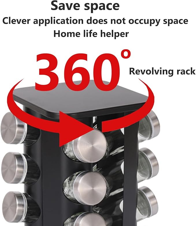 Spice Rack, Rotating Countertop Spice Rack Organizer, 16 Jars, Black, Stainless Steel