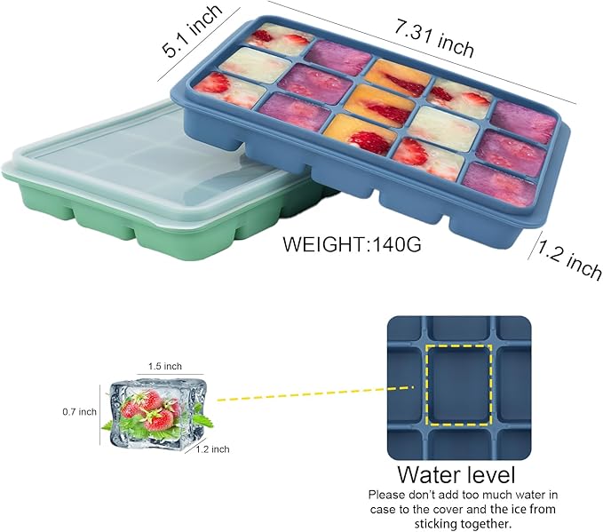 Ice Cube Trays with Silicone Lid, 15 Grid Square Ice Tray Easy Release Stackable Ice Cube Mold, 2 Pack (Grey Blue+Green)