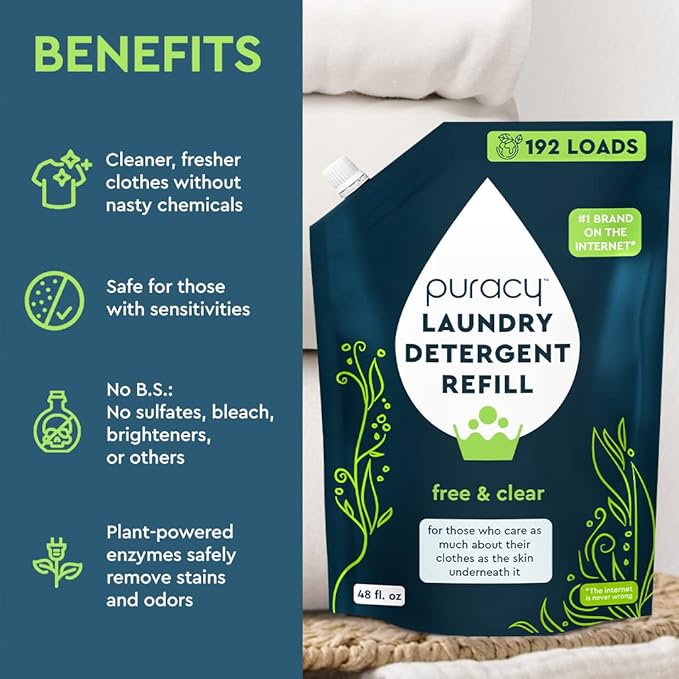 Puracy Laundry Detergent Refill - Enzyme-Powered Liquid Detergent Concentrate, Natural Laundry Detergent Seen on TikTok, Non-Toxic (Free & Clear, 48 fl oz, 192 Loads)