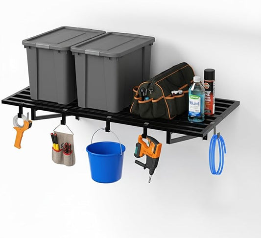 1-Pack Garage Wall Shelves, 2' x 4' Heavy Duty Wall Mounted Storage Rack with 3 Hooks, 250 lbs Capacity, Steel Garage Organization Shelving for Tools, Bins, and Power Equipment