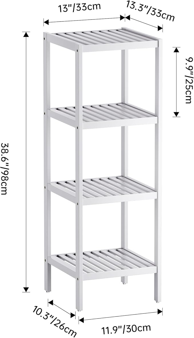 SMIBUY Bathroom Storage Shelf, 4-Tier Bamboo Rack Organizer, Multifunctional Shelving Unit for Living Room Bedroom Kitchen (White)