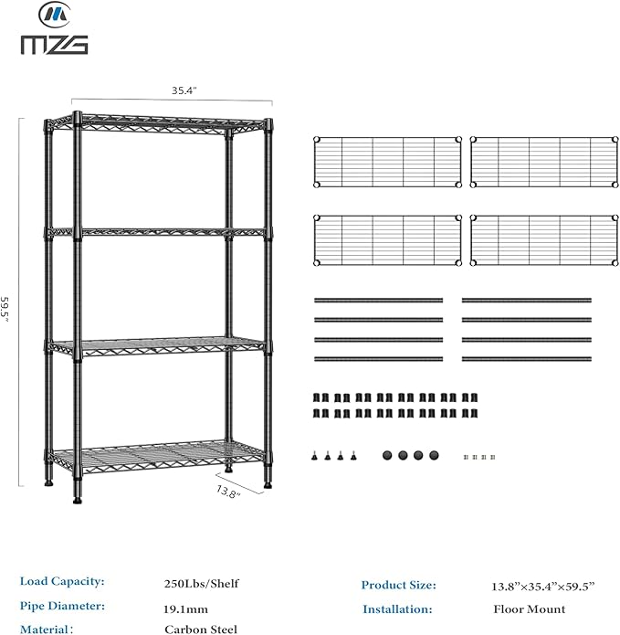 1000 lbs 4 Tier Shelf Metal Storage Shelves Shelving Wire Rack Heavy Duty Closet Organizers for Garage Kitchen Bathroom Laundry Black 13.8" D x 35.4" W x 59.5" H
