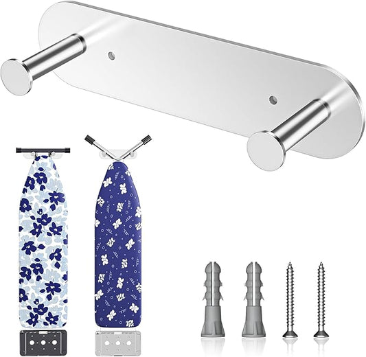 Ironing Board Holder Wall Mount,Ironing Board Hanger with Removable Hooks, Laundry Rooms Stainless Steel Ironing Boards Hook for Wall for Y or T Leg