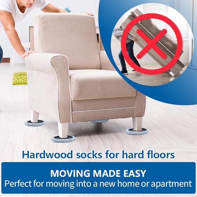 Furniture Sliders, Multi-Surface Furniture Movers Sliders for Carpet and Hardwood Floors, 4 Pack 3 1/2" Moving Pads and 4 Hardwood Socks, Slide Furniture on Any Surface Easily!