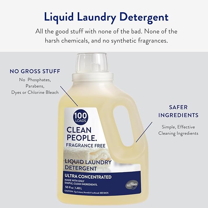 The Clean People Liquid Laundry Detergent - Recyclable Packaging, Stain Fighting - Ultra Concentrated, Laundry Soap - Fragrance Free, 50 fl oz