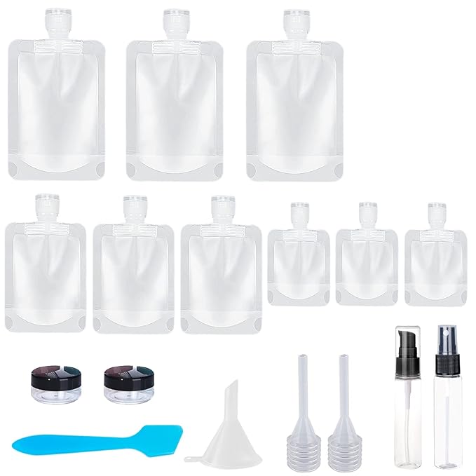 17 Pack Travel Pouches for Toiletries,TSA Approved,Portable Containers,Stand Up Pouch,Refillable Travel Accessories for Shampoo Conditioner Lotion Soap Liquids (A-17pcs)
