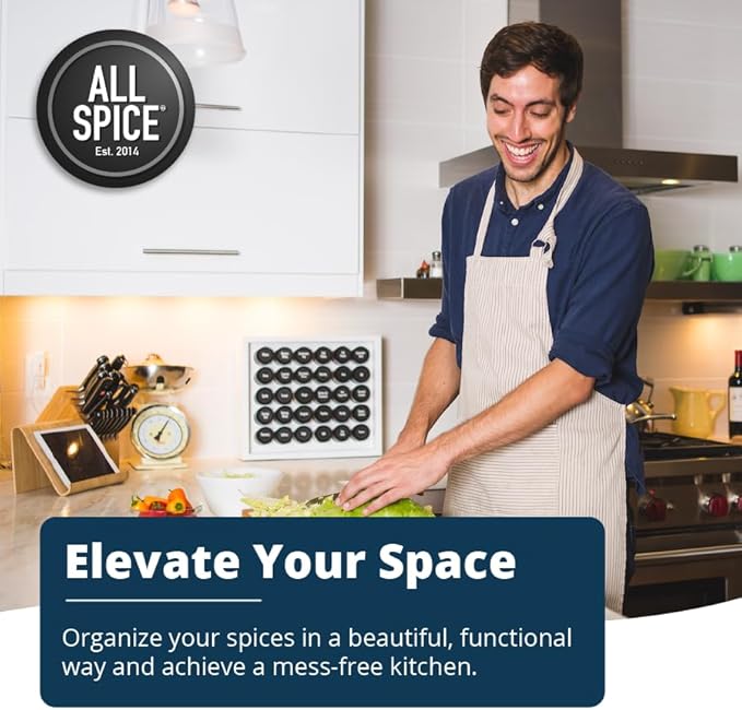 AllSpice Spice Rack Organizer, Wood, 525 Unique Labels, Countertop or Wall Mount, Includes 60 4oz Jars- Matte White