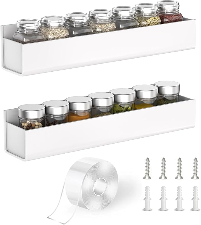 PMMASTO Adhesive Acrylic Spice Rack Organizer for Wall with Nano Double Sided Tape, Spice Shelf Organization for Kitchen Cabinet Door/Pantry Door, Wall Mount Seasoning Rack (White-2 Pack)
