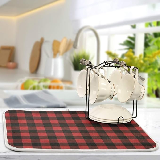 Red and Black Buffalo Plaid Dish Drying Mat 18x24 for Kitchen Merry Christmas Winter Xmas Dishes Pad Dish Drainer Rack Mats Absorbent Fast Dry Kitchen Accessories