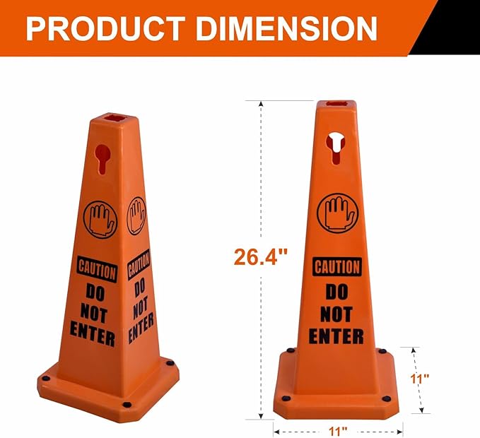4-Pack 26.5" Caution Cones, 4-Sided Visible Safety Signs with Heavy Rubber Base, Warning for Slip & Fall Prevention, Indoor/Outdoor Use (Orange, 4Pcs-Do Not Enter)