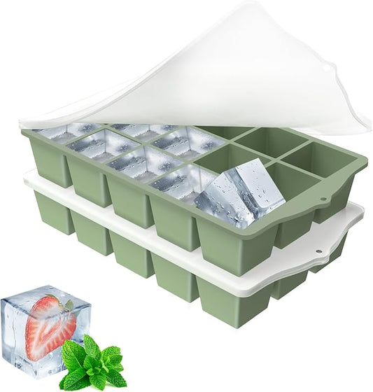 Silicone Ice Cube Tray, 2 Pack Easy-Release Stackable Ice Trays for Freezer with Lid 15 Reusable Cubes, Food Grade BPA Free Ice Molds for Whiskey, Baby Food, Coffee, Cocktail, Drinks (Green)