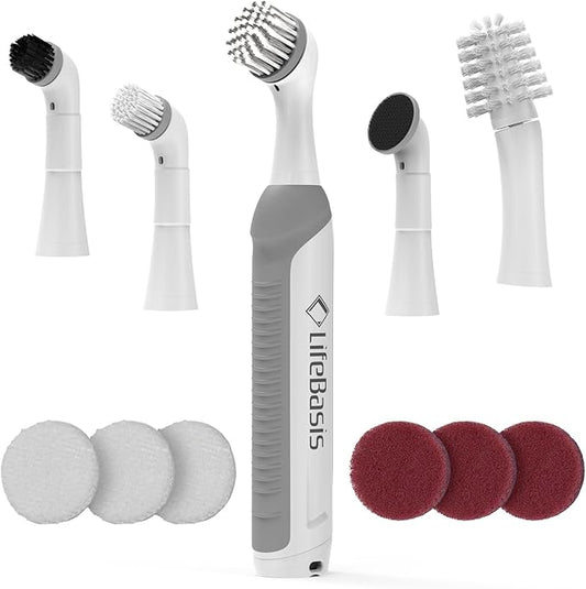 LifeBasis Rechargeable Power Scrubber, Cordless Electric Cleaning Brush, Water Resistant Small Electric Grout Brush with 5 Brushes for Home/Kitchen/Bathroom/Grout/Tile/Shower/Tub, White
